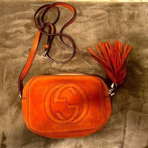 Orange suede, leather purse.